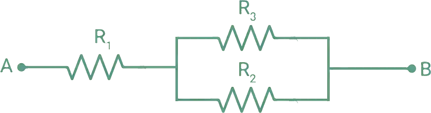 Diagrama de un circuito serie y paralelo con 1 resistencia en seria a 2 resistencias en paralelo